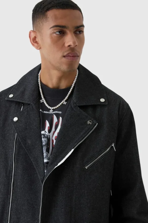 boohooMAN Oversized Denim Biker Jacket | Denim | Going Out Denim