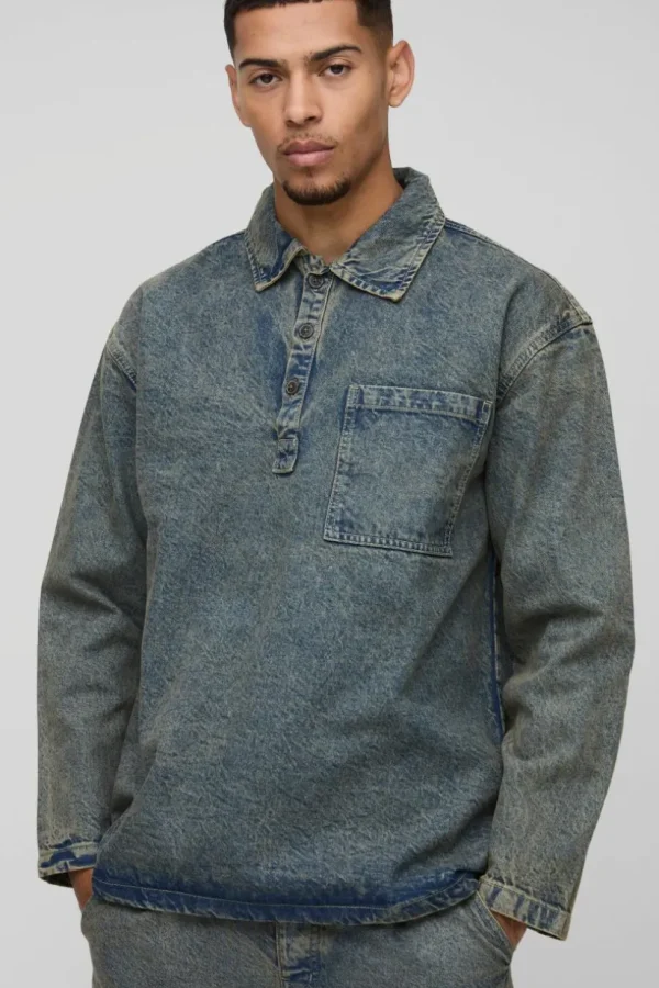 boohooMAN Oversized Denim Rugby Shirt | Shirts | Going Out Shirts