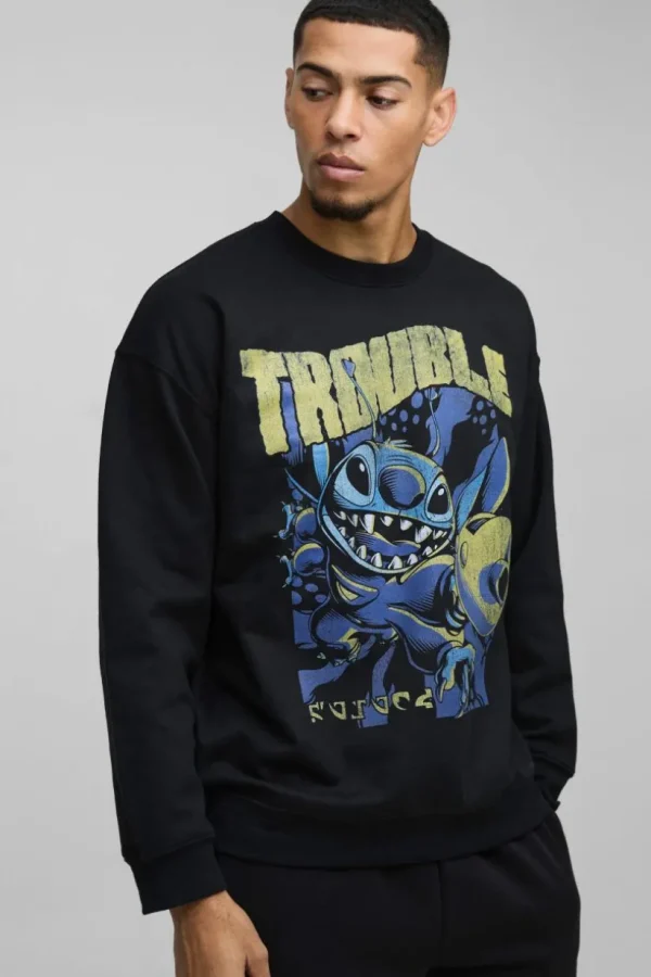 boohooMAN Oversized Disney Lilo and Stitch License Print Sweatshirt | Hoodies & Sweats
