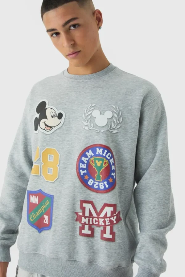 boohooMAN Oversized Disney Mickey Mouse Varsity License Print Sweatshirt | Hoodies & Sweats