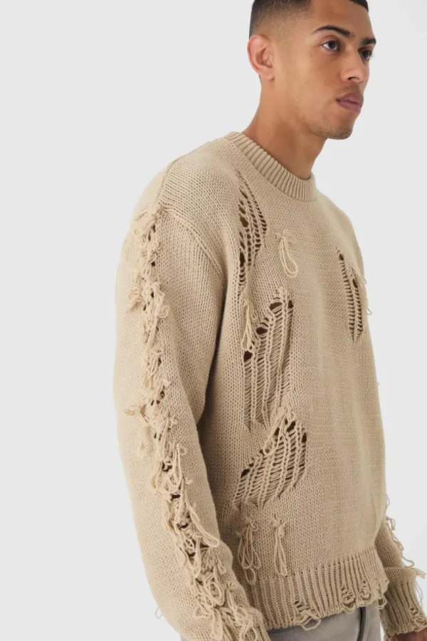 boohooMAN Oversized Distressed Sleeve Knitted Jumper | Knitwear | Going Out Knitwear