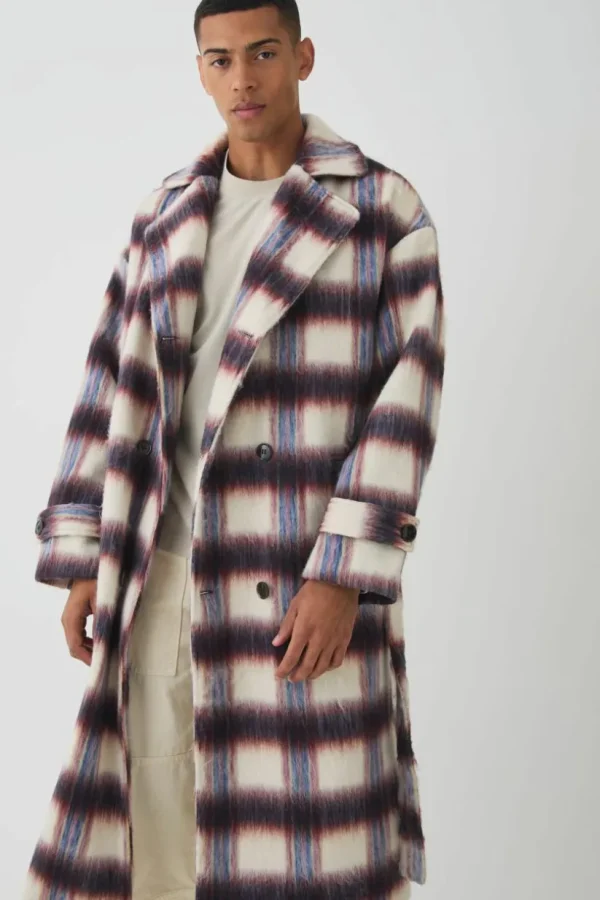 boohooMAN Oversized Double Breasted Brushed Check Overcoat In | Man | Coats & Jackets