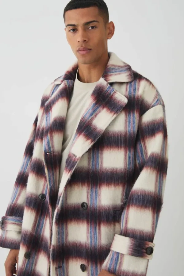 boohooMAN Oversized Double Breasted Brushed Check Overcoat In | Man | Coats & Jackets