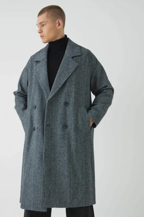 boohooMAN Oversized Drop Shoulder Herringbone Overcoat In | Man | Coats & Jackets