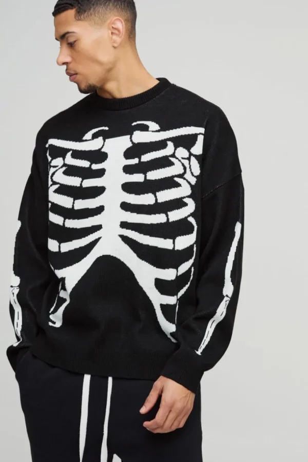 boohooMAN Oversized Drop Shoulder Skeleton Print Knitted Jumper | Knitwear | Going Out Knitwear