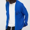 boohooMAN Oversized Drop Shoulder Varsity Applique Knitted Cardigan | Knitwear | Going Out Knitwear