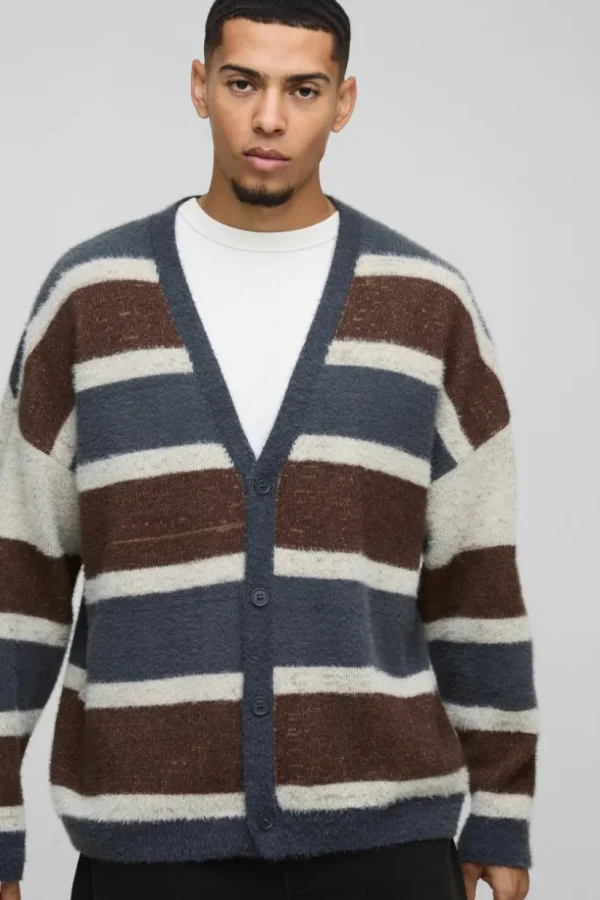 boohooMAN Oversized Dropped Shoulder Brushed Stripe Knitted Cardigan | Knitwear | Going Out Knitwear