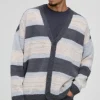 boohooMAN Oversized Dropped Shoulder Brushed Stripe Knitted Cardigan | Knitwear | Going Out Knitwear