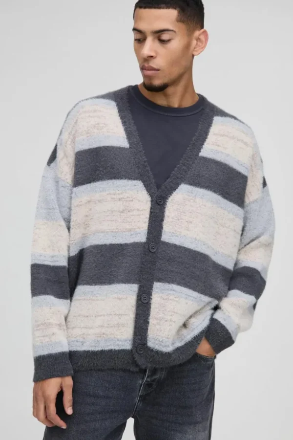 boohooMAN Oversized Dropped Shoulder Brushed Stripe Knitted Cardigan | Knitwear | Going Out Knitwear