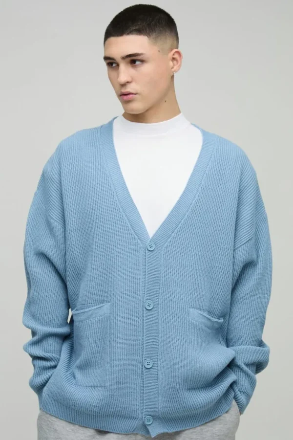 boohooMAN Oversized Dropped Shoulder Ribbed Knitted Cardigan | Knitwear | Going Out Knitwear