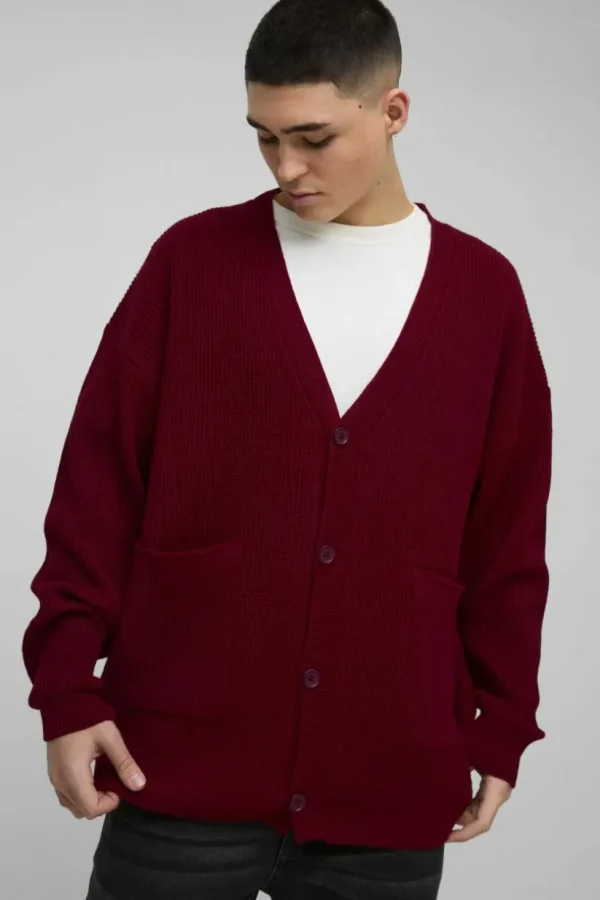 boohooMAN Oversized Dropped Shoulder Ribbed Knitted Cardigan | Knitwear | Going Out Knitwear