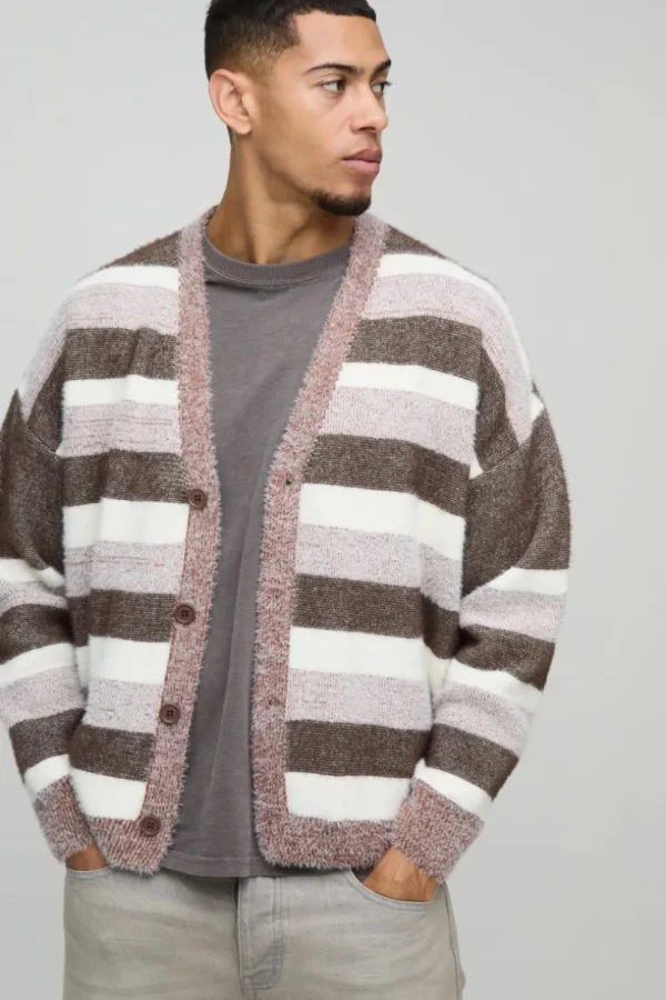 boohooMAN Oversized Dropped Shoulder Brushed Stripe Knitted Cardigan | Knitwear | Going Out Knitwear