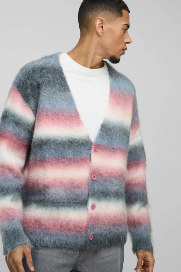 boohooMAN Oversized Dropped Shoulder Brushed Stripe Knitted Cardigan | Knitwear | Going Out Knitwear