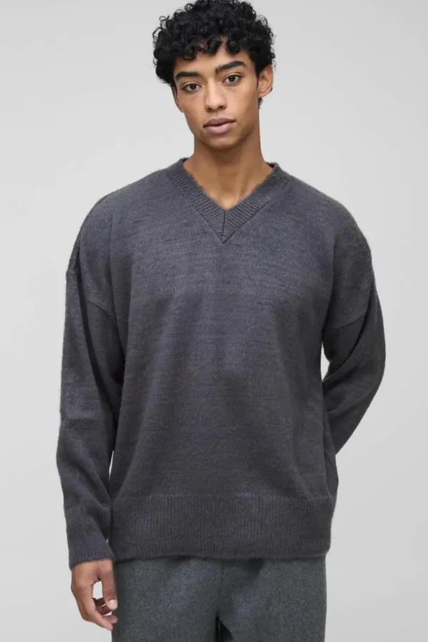 boohooMAN Oversized Dropped Shoulder Fluffy V Neck Knit Jumper | Knitwear | Going Out Knitwear