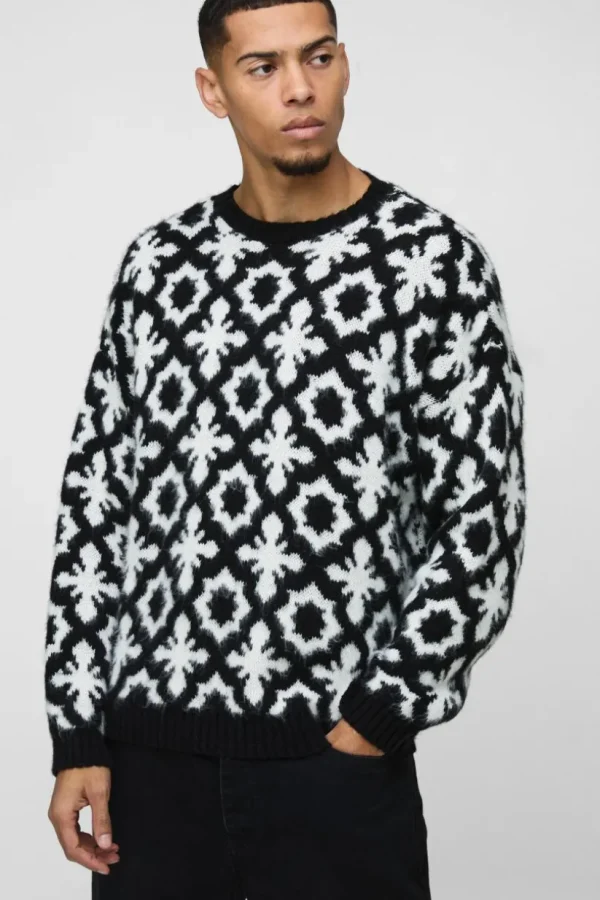 boohooMAN Oversized Dropped Shoulder Jacquard Brushed Knit Jumper | Knitwear | Going Out Knitwear