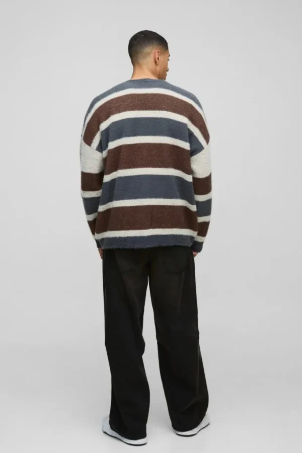 boohooMAN Oversized Dropped Shoulder Brushed Stripe Knitted Cardigan | Knitwear | Going Out Knitwear