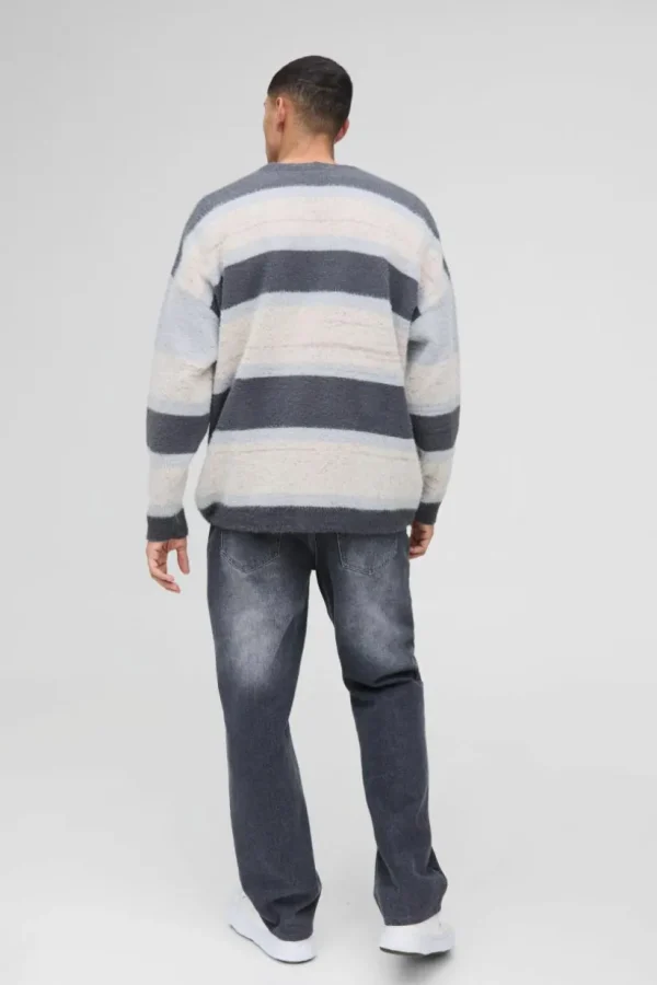 boohooMAN Oversized Dropped Shoulder Brushed Stripe Knitted Cardigan | Knitwear | Going Out Knitwear