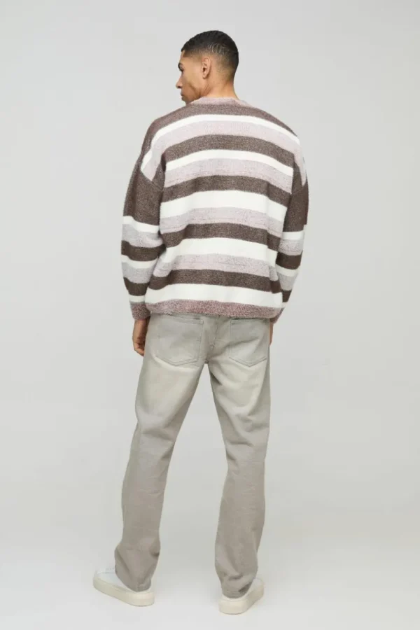 boohooMAN Oversized Dropped Shoulder Brushed Stripe Knitted Cardigan | Knitwear | Going Out Knitwear