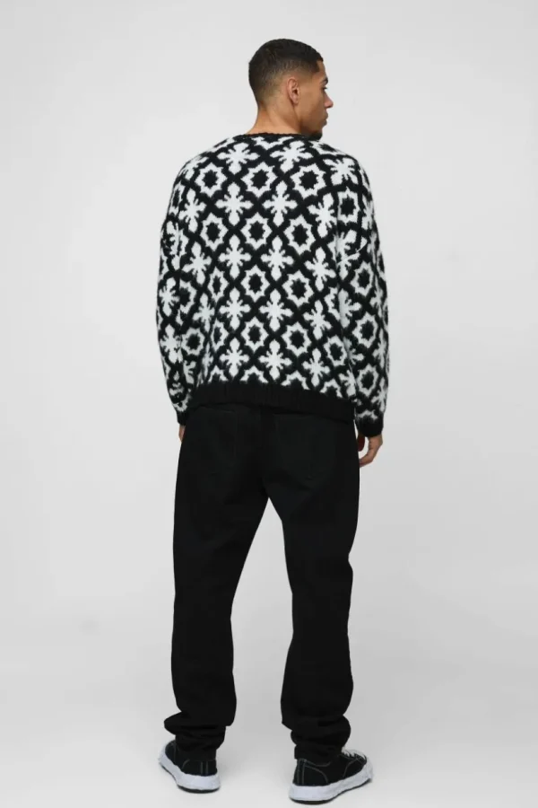 boohooMAN Oversized Dropped Shoulder Jacquard Brushed Knit Jumper | Knitwear | Going Out Knitwear