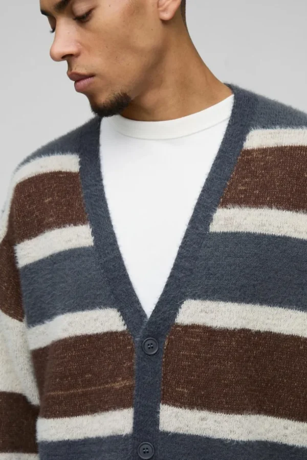 boohooMAN Oversized Dropped Shoulder Brushed Stripe Knitted Cardigan | Knitwear | Going Out Knitwear