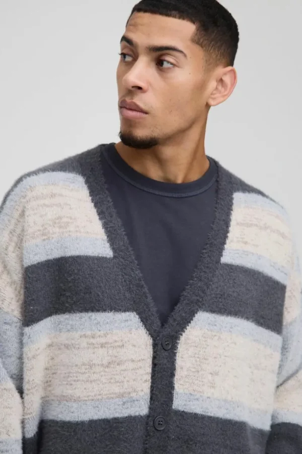 boohooMAN Oversized Dropped Shoulder Brushed Stripe Knitted Cardigan | Knitwear | Going Out Knitwear