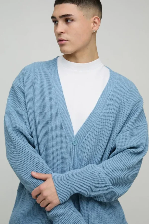 boohooMAN Oversized Dropped Shoulder Ribbed Knitted Cardigan | Knitwear | Going Out Knitwear