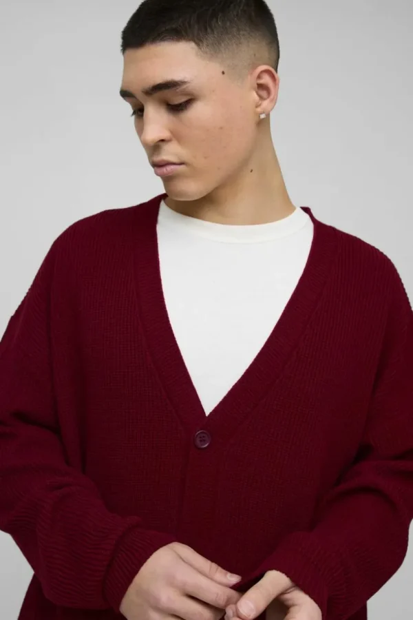 boohooMAN Oversized Dropped Shoulder Ribbed Knitted Cardigan | Knitwear | Going Out Knitwear