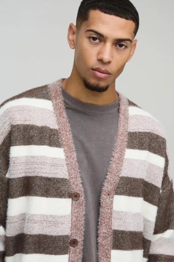 boohooMAN Oversized Dropped Shoulder Brushed Stripe Knitted Cardigan | Knitwear | Going Out Knitwear