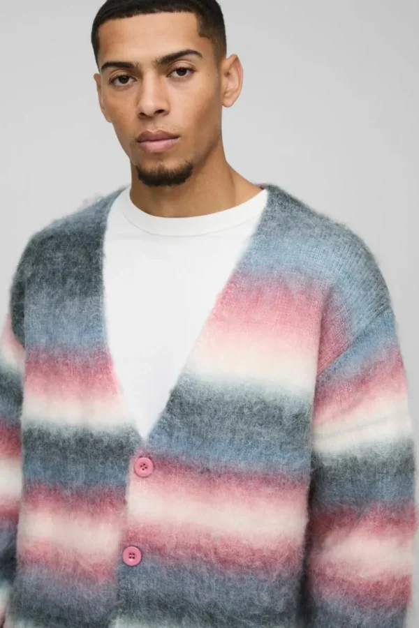 boohooMAN Oversized Dropped Shoulder Brushed Stripe Knitted Cardigan | Knitwear | Going Out Knitwear