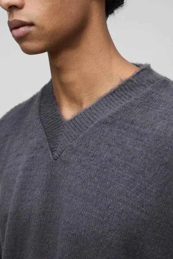 boohooMAN Oversized Dropped Shoulder Fluffy V Neck Knit Jumper | Knitwear | Going Out Knitwear