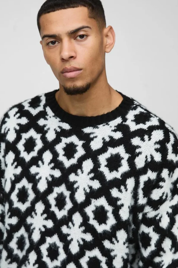 boohooMAN Oversized Dropped Shoulder Jacquard Brushed Knit Jumper | Knitwear | Going Out Knitwear