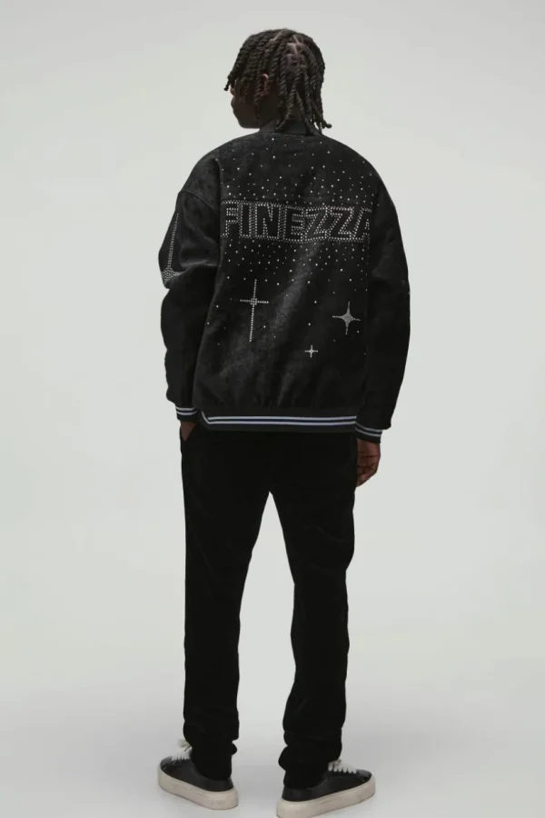 boohooMAN Oversized Dropped Sleeve Velour Rhinestone Graphic Bomber Jacket | Going Out Jackets | Going Out