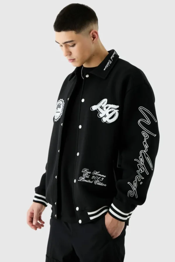 boohooMAN Oversized Embroidered Harrington Jersey Bomber Jacket | Man | Coats & Jackets