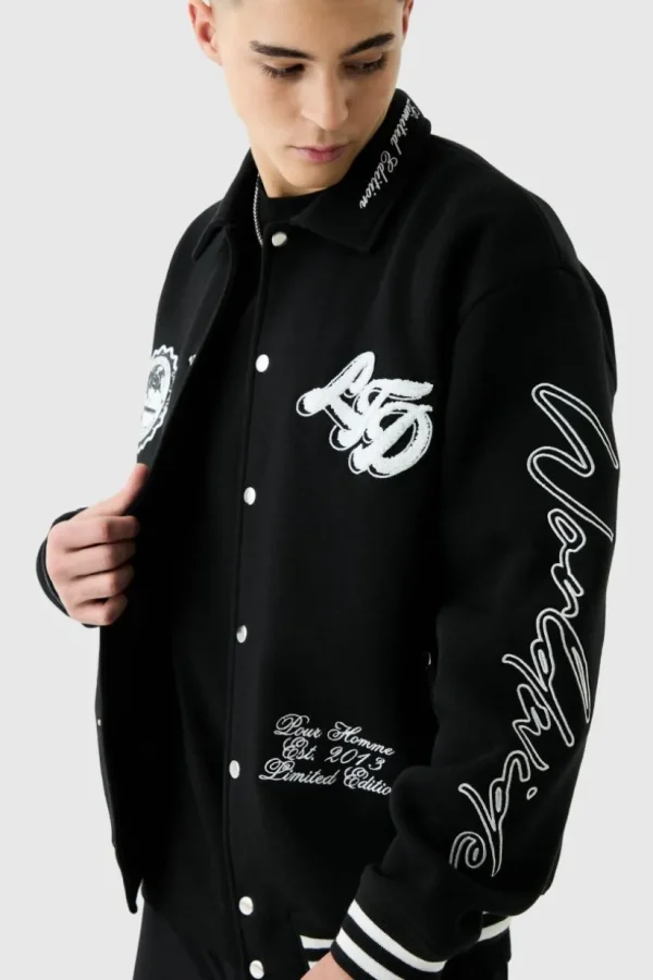 boohooMAN Oversized Embroidered Harrington Jersey Bomber Jacket | Man | Coats & Jackets