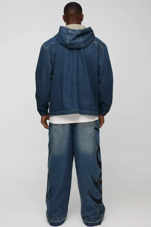 boohooMAN Oversized Extended Drawcord Denim Hoodie | Shirts | Going Out Shirts