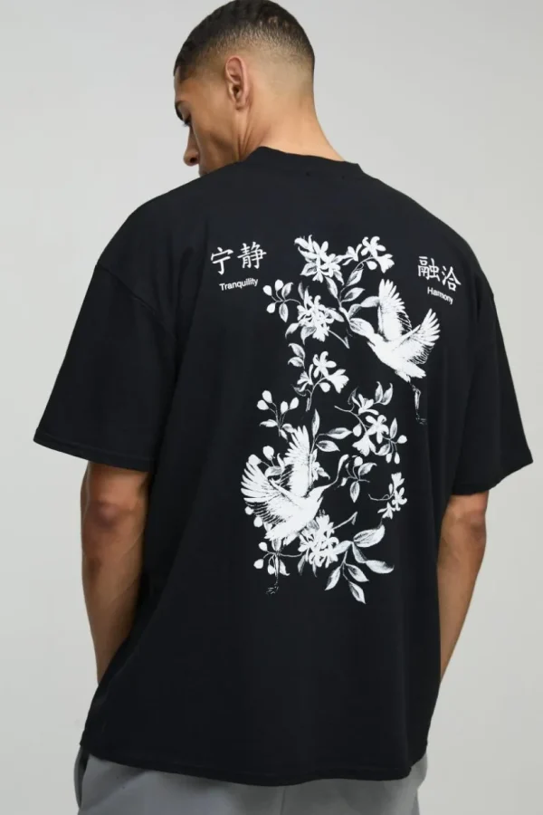 boohooMAN Oversized Extended Neck Floral Bird Graphic T-Shirt | T-Shirts