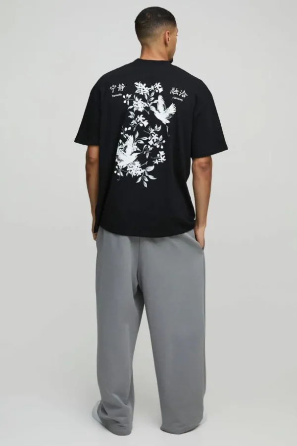boohooMAN Oversized Extended Neck Floral Bird Graphic T-Shirt | T-Shirts