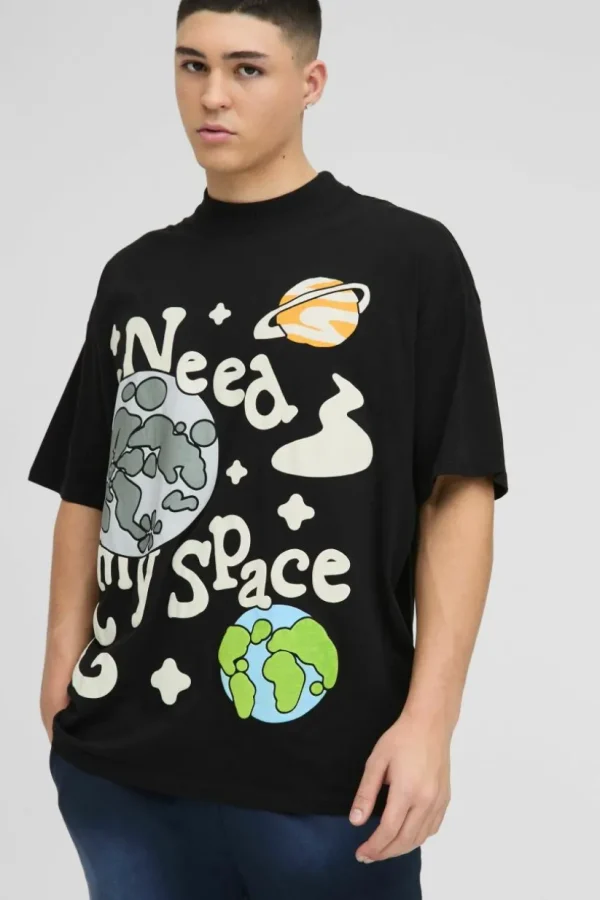 boohooMAN Oversized Extended Neck Puff Print Space Graphic T-shirt | T-Shirts