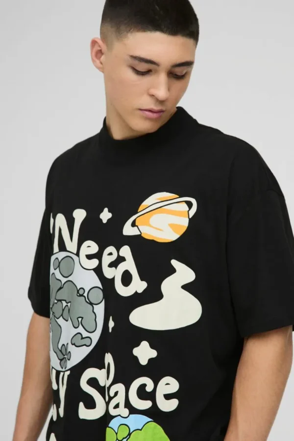 boohooMAN Oversized Extended Neck Puff Print Space Graphic T-shirt | T-Shirts