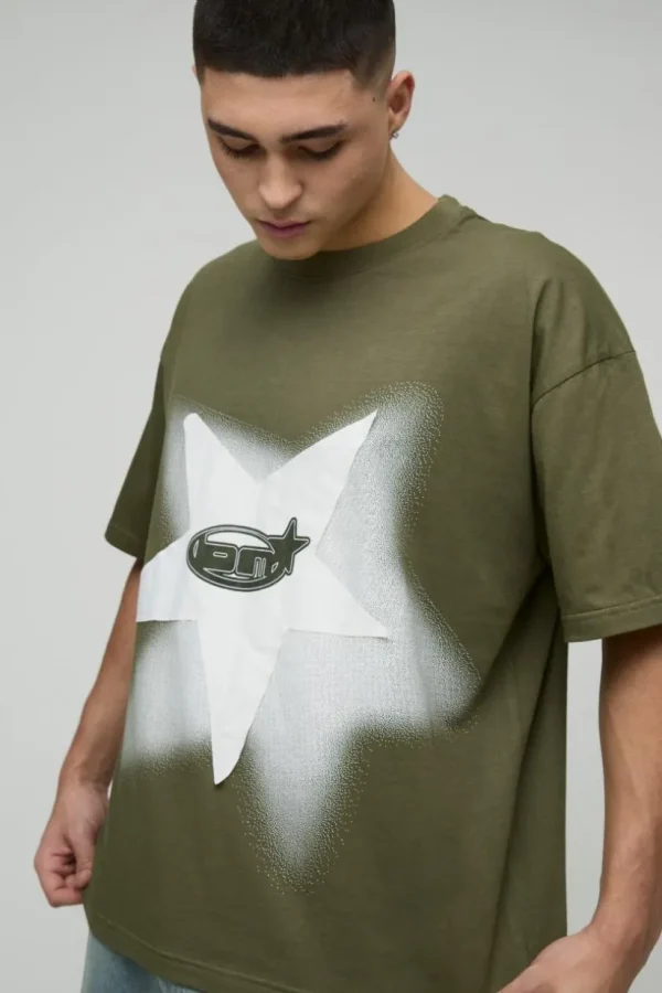 boohooMAN Oversized Extended Neck Star Applique Graphic T-Shirt | T-Shirts