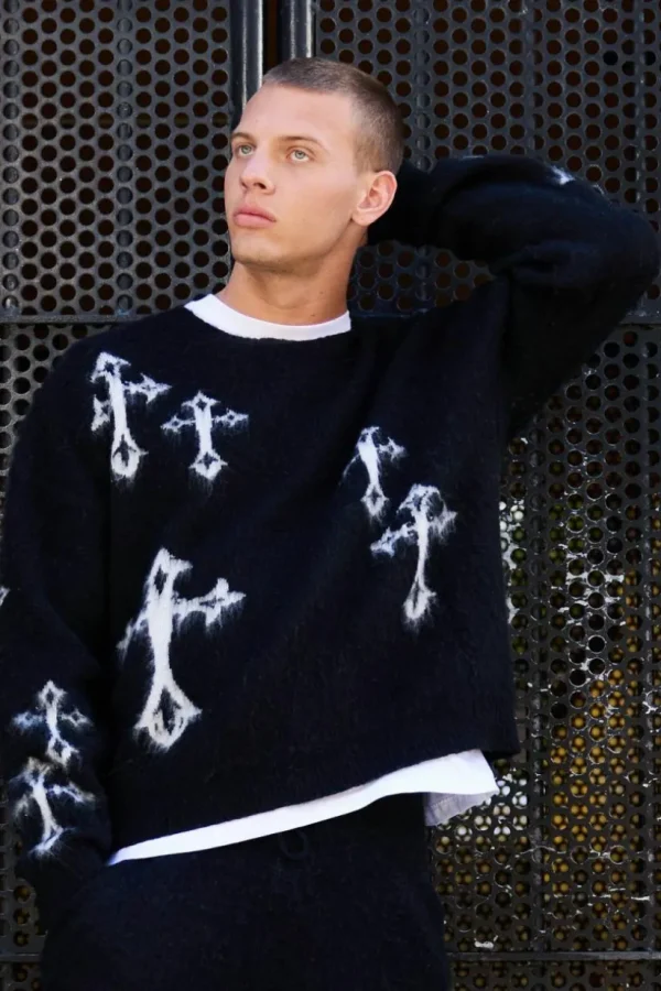 boohooMAN Oversized Eyelash Knit Cross Graphic Jumper | Knitwear | Going Out Knitwear