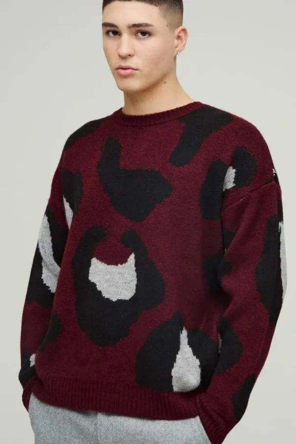 boohooMAN Oversized Eyelash Knit Leopard Print Knitted Jumper | Knitwear | Going Out Knitwear