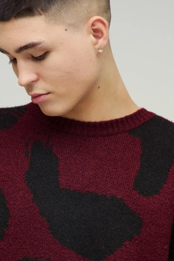 boohooMAN Oversized Eyelash Knit Leopard Print Knitted Jumper | Knitwear | Going Out Knitwear