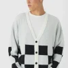 boohooMAN Oversized Fisherman Rib Boucle Checkered Knitted Cardigan | Knitwear | Going Out Knitwear