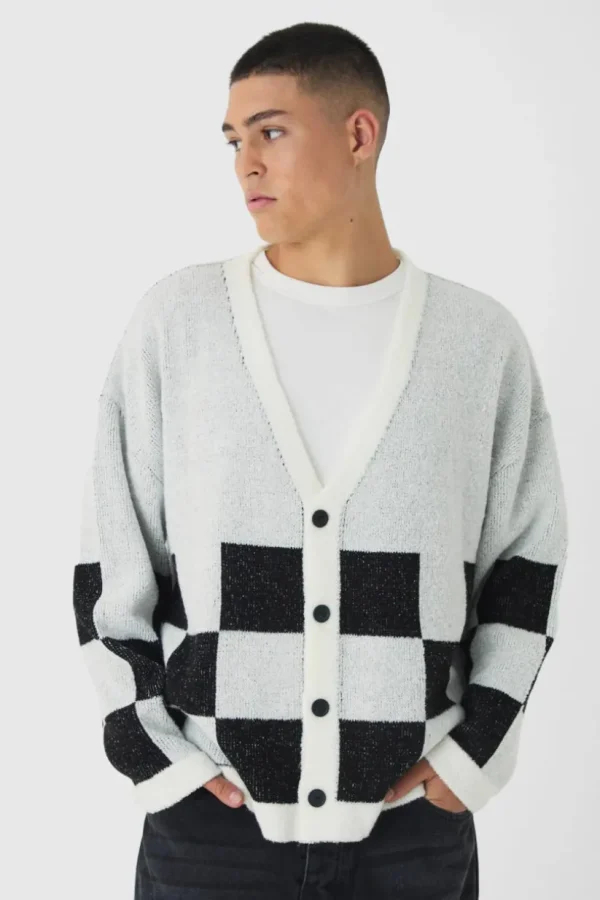 boohooMAN Oversized Fisherman Rib Boucle Checkered Knitted Cardigan | Knitwear | Going Out Knitwear