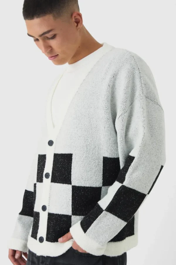 boohooMAN Oversized Fisherman Rib Boucle Checkered Knitted Cardigan | Knitwear | Going Out Knitwear