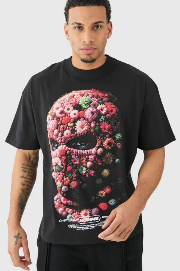 boohooMAN Oversized Floral Mask T-shirt | T-Shirts