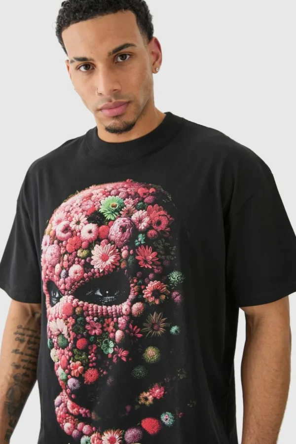 boohooMAN Oversized Floral Mask T-shirt | T-Shirts