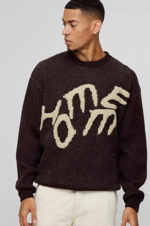 boohooMAN Oversized Fluffy Graphic Homme Knitted Jumper | Knitwear | Going Out Knitwear