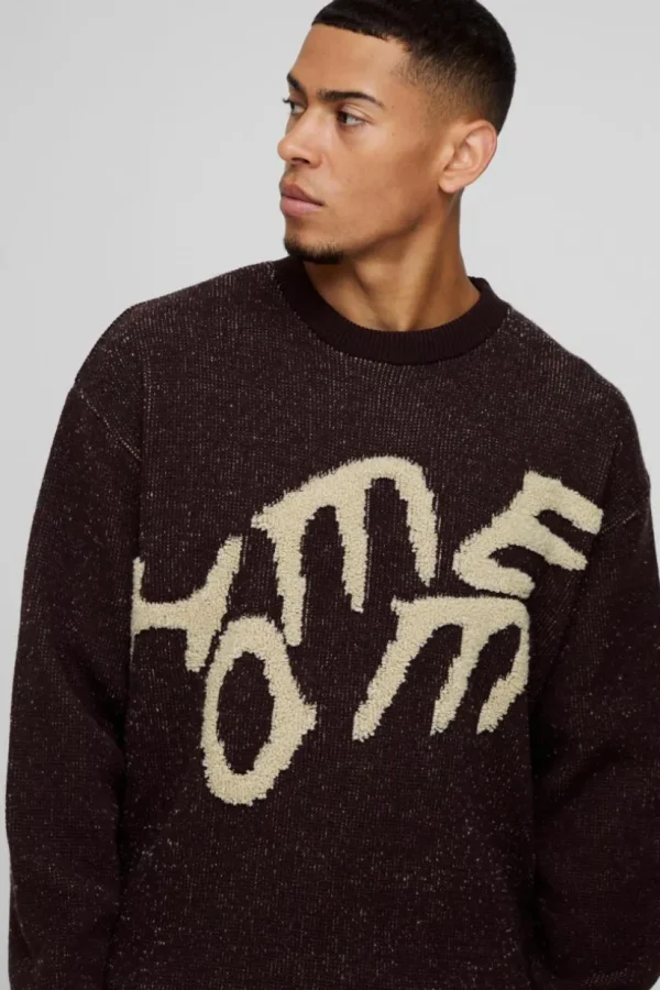 boohooMAN Oversized Fluffy Graphic Homme Knitted Jumper | Knitwear | Going Out Knitwear